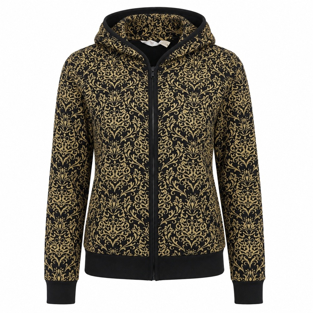 Orvis Womens Gold Damask Scroll Zip Up Hoodie Black Baroque Print Jacket S